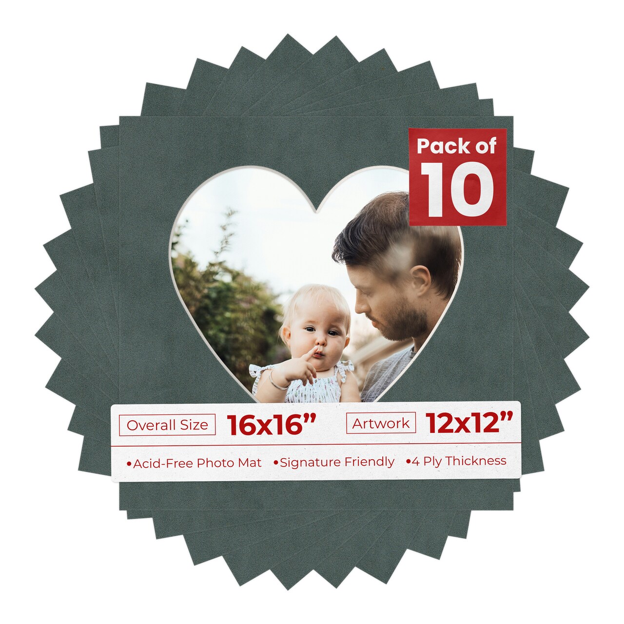 Dark Grey Suede Mat Board for 16x16 Frames - Heart Opening for 12x12 Photos